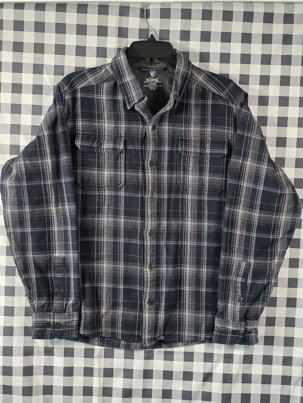 KUHL Men’s Large Plaid Flannel Shirt Blue Gray Cotton Tencel Outdoor Hiking Hunt